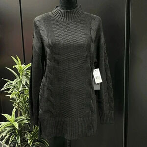 Black Tape Cable Knit long sweater/top,loose high neck,braided side detail